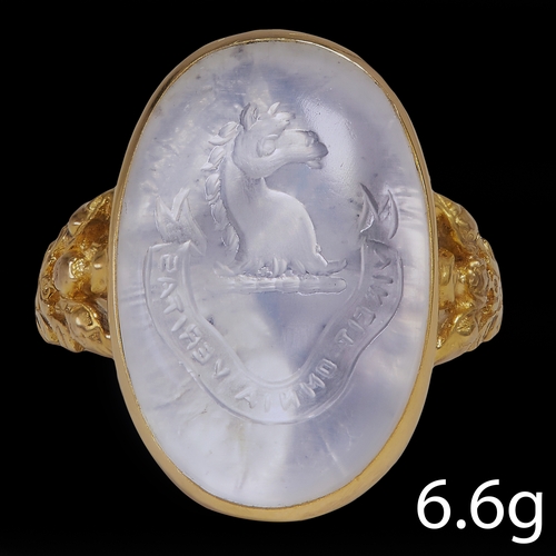 48 - ANTIQUE INTAGLIO MOONSTONE RING.
6.6 grams, testing 15 ct. gold.
Bright moonstone with blue sheller.... 