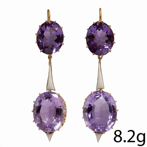 50 - PAIR OF VICTORIAN AMETHYST AND ENAMEL DROP EARRINGS,
8.2 grams, testing High carat gold.
Vibrant ame... 