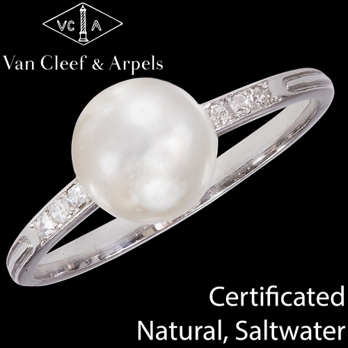 51 - VAN CLEEF & ARPELS, RARE CERTIFICATED NATURAL SALTWATER PEARL AND DIAMOND RING, 
Set with a natural ... 