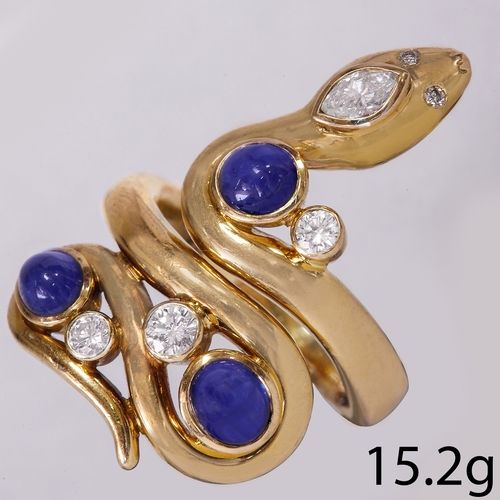 59 - FINE SAPPHIRE AND DIAMOND SNAKE RING,
15.2 grams, 18 ct. gold.
Vibrant cabochon cut blue sapphires, ... 