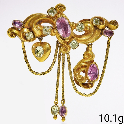 60 - VICTORIAN PINK TOPAZ AND CHRYSOLITE BROOCH. 
10.1 grams, High carat gold.
Topaz well matched.
Chryso... 