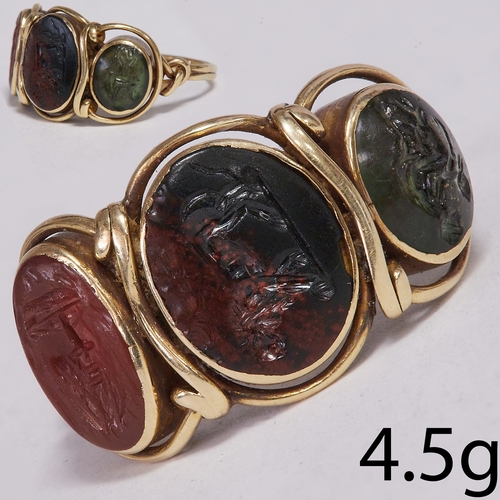 61 - ANTIQUE 3-STONE INTAGLIO RING, possibly ancient.
4.5 grams, high carat gold.
The centre red and gree... 