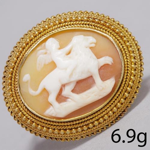 7 - VICTORIAN CAMEO BROOCH,
6.9 grams, testing as 18 ct. gold.
The carved shell cameo depicting a putti ... 