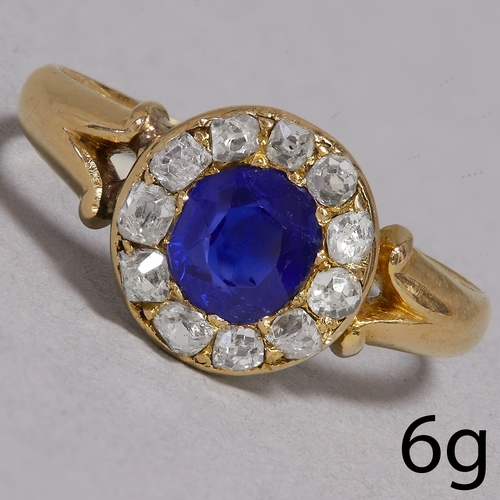 71 - SAPPHIRE AND DIAMOND CLUSTER RING,
High carat gold.
Rich and vibrant blue sapphire.
Diamond bright a... 