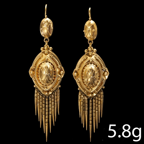 19 - PAIR OF VICTORIAN ETRUSCAN REVIVAL TASSEL EARRINGS,
5.8 grams, testing 18 ct. gold.
Fine detailed be... 