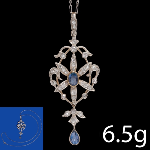 134 - EDWARDIAN AQUAMARINE AND DIAMOND PENDANT
Vibrant aquamarines.
Diamonds totalling approx. 0.74 ct. Br... 