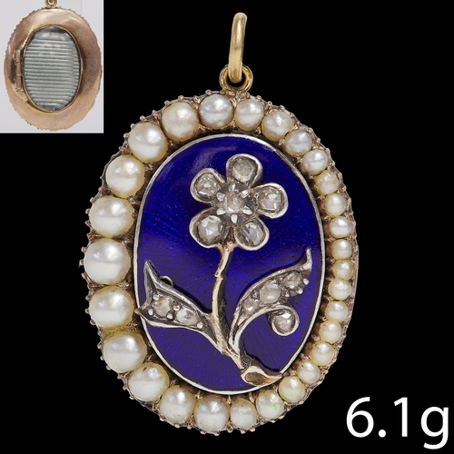 135 - VICTORIAN ENAMEL DIAMOND AND PEARL PENDANT,
6.1 grams, high carat gold.
Vibrant blue enamel, in good... 