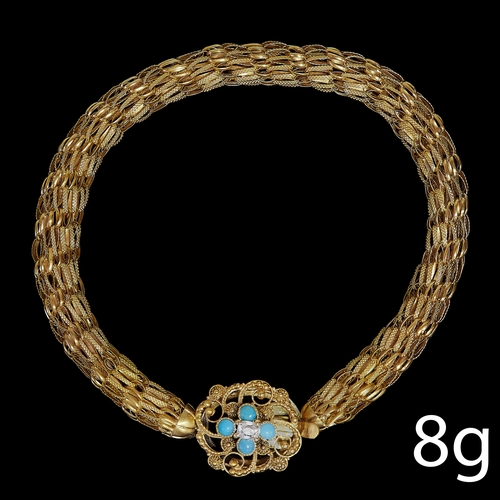 137 - ELEGANT GEORGIAN GOLD WOVEN LINK BRACELET WITH TURQUOISE AND DIAMOND CLASP 
8.2 grams. High carat go... 