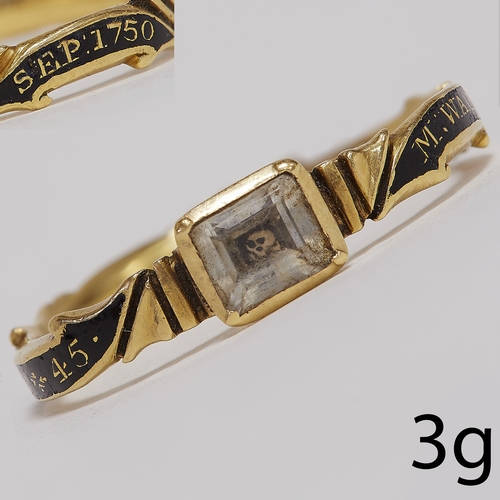 145 - FINE AND RARE GEORGIAN ENAMEL SKULL RING, 1750.
3 grams, high carat gold.
The center decorated with ... 