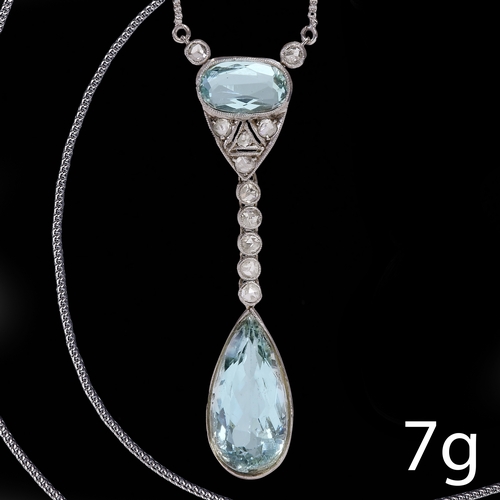 153 - FINE ART-DECO AQUAMARINE AND DIAMOND PENDANT NECKLACE,
7 grams, Russian.
Vibrant aquamarines totalli... 