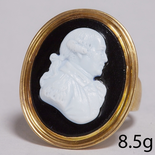 154 - FINE ANTIQUE CARVED CAMEO PORTRAIT RING,
8.5 grams. testing 15 ct. gold.
Fine carved portrait depict... 