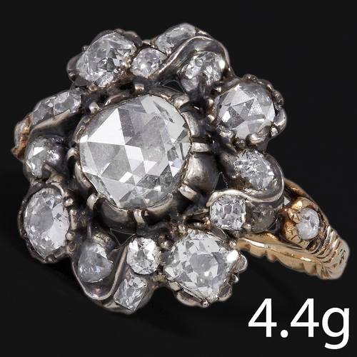 164 - ANTIQUE DIAMOND CLUSTER RING,
4.4 grams.
Diamond bright and lively.
Cental diamond of approx. 6.5 x ... 