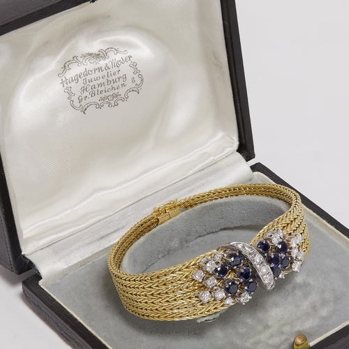 170 - SAPPHIRE AND DIAMOND BRACELET
78.5 gams, 18 ct. gold.
Vibrant blue sapphires totalling approx. 4.10 ... 