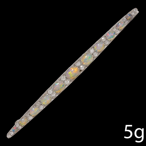 179 - OPAL AN DIAMOND BAR BROOCH 
5 grams, platinum 
vibrant opals with great play of colour 
lively diamo... 