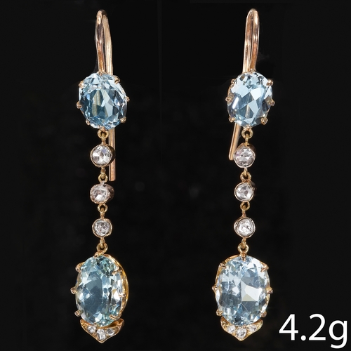 184 - PAIR OF AQUAMARINE AND DIAMOND DROP EARRINGS,
4.2 grams, testing 14 ct. gold.
Vibrant aquamarines.
D... 