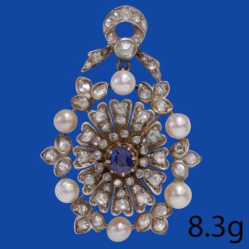 185 - SAPPHIRE DIAMOND AND PEARL PENDANT 
8.3 grams.
Vibrant blue sapphire 
Diamonds bright and lively tot... 