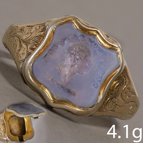 190 - RARE AND UNUSUAL INTAGLIO POISON RING,
4.1 grams, testing 15 ct. gold.
Fine shield shaped carved int... 