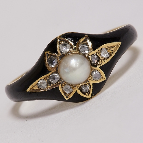 202 - GEORGIAN ENAMEL PEARL AND DIAMOND RING,
High carat gold.
Black enamel in good condition.
Diamonds br... 