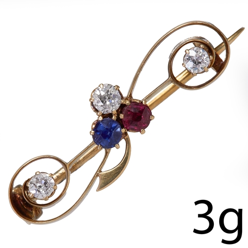 209 - DIAMOND SAPPHIRE AND RUBY BROOCH,
3 grams, testing 15 ct. gold.
Diamonds bright and lively.
Vibrant ... 