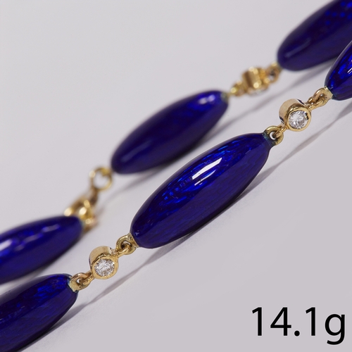 58 - ANTIQUE ENAMEL AND DIAMOND BRACELET,
14.2 grams, testing 18 ct. gold.
Rich blue enamel links (enamel... 