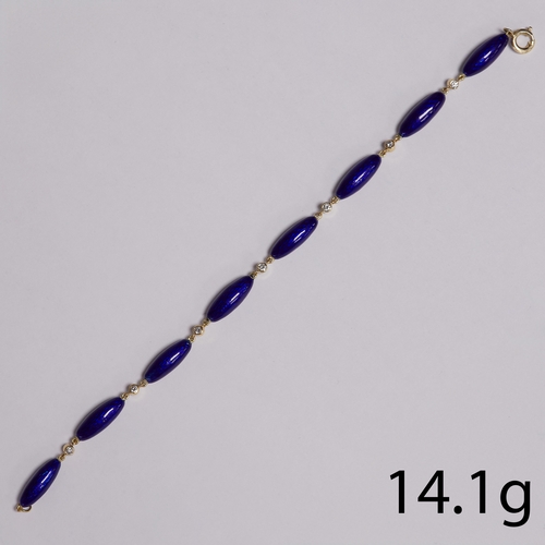 58 - ANTIQUE ENAMEL AND DIAMOND BRACELET,
14.2 grams, testing 18 ct. gold.
Rich blue enamel links (enamel... 