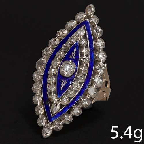 92 - RARE ANTIQUE GEORGIAN DIAMOND AND ENAMEL RING,
5.4 grams. High carat gold and silver.
Diamond accent... 