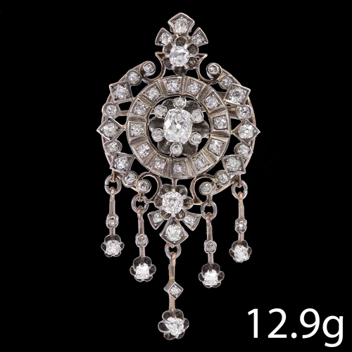 96 - VICTORIAN DIAMOND PENDANT/BROOCH,
12.9 grams.
Diamonds totalling approx. 3 ct.
Large old cut diamond... 