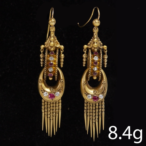 12 - PAIR OF ANTIQUE RUBY AND DIAMOND TASSEL EARRINGS,
8.4 grams, high carat gold.
Vibrant rubies.
Diamon... 