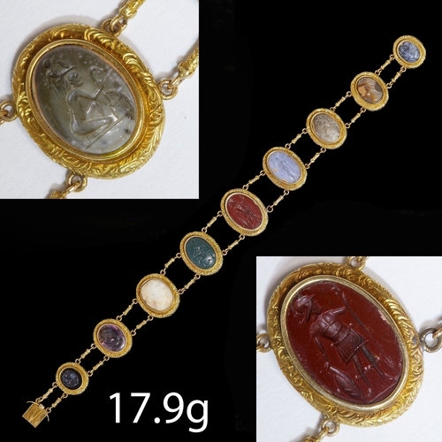 3 - RARE ANTIQUE CAMEO AND INTAGLIO BRACELET,
17.9 grams, French, 18 ct. gold.
9 fine cameo's and intagl... 