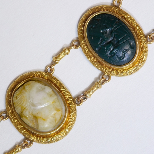 3 - RARE ANTIQUE CAMEO AND INTAGLIO BRACELET,
17.9 grams, French, 18 ct. gold.
9 fine cameo's and intagl... 