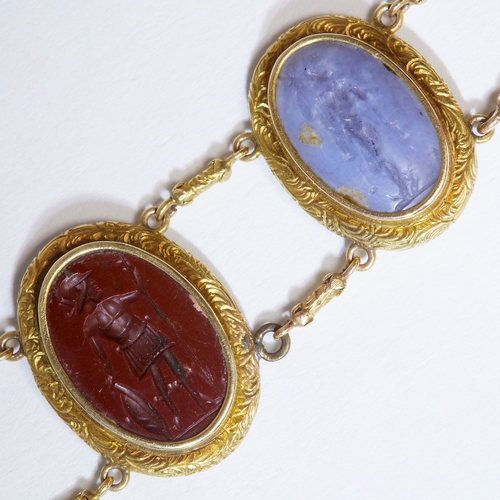 3 - RARE ANTIQUE CAMEO AND INTAGLIO BRACELET,
17.9 grams, French, 18 ct. gold.
9 fine cameo's and intagl... 