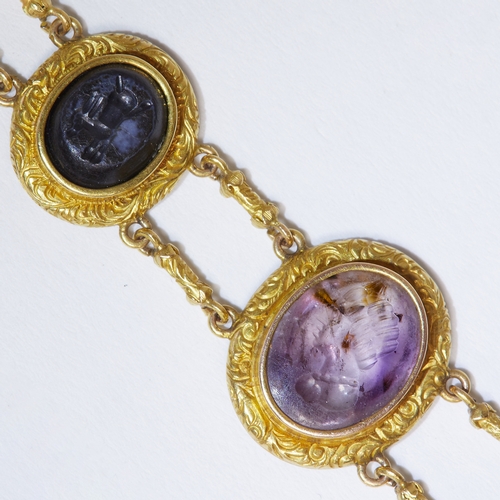 3 - RARE ANTIQUE CAMEO AND INTAGLIO BRACELET,
17.9 grams, French, 18 ct. gold.
9 fine cameo's and intagl... 