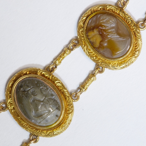 3 - RARE ANTIQUE CAMEO AND INTAGLIO BRACELET,
17.9 grams, French, 18 ct. gold.
9 fine cameo's and intagl... 