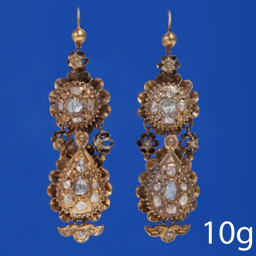 6 - PAIR OF ANTIQUE DIAMOND DROP EARRINGS,
10 grams, high carat gold.
Bright and lively rose cut diamond... 