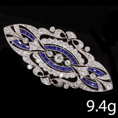 8 - ART-DECO SAPPHIRE AND DIAMOND BROOCH,
9.4 gams, testing 18 ct. gold.
Diamonds bright and lively.
Vib... 