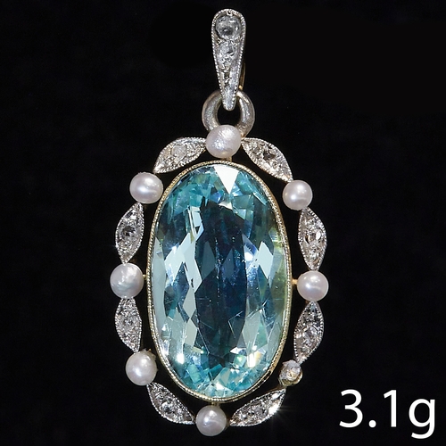 200 - AQUAMARINE DIAMOND AND PEARL PENDANT,
3.1 grams, 
Fine aquamarine of approx. 3.50 ct.
Diamond bright... 