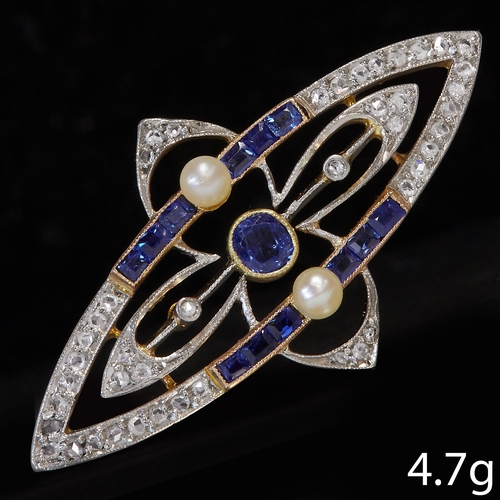 16 - EDWARDIAN DIAMOND, SAPPHIRE, PEARL AND RUBY BROOCH,
4.7 grams, 18 ct. gold.
Vibrant sapphires.
Diamo... 