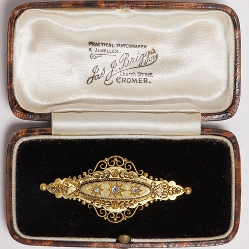 10 - VICTORIAN ETRUSCAN REVIVAL DIAMOND BROOCH,
4.8 grams, 15 ct. gold.
Diamonds bright and lively.
W. 4.... 