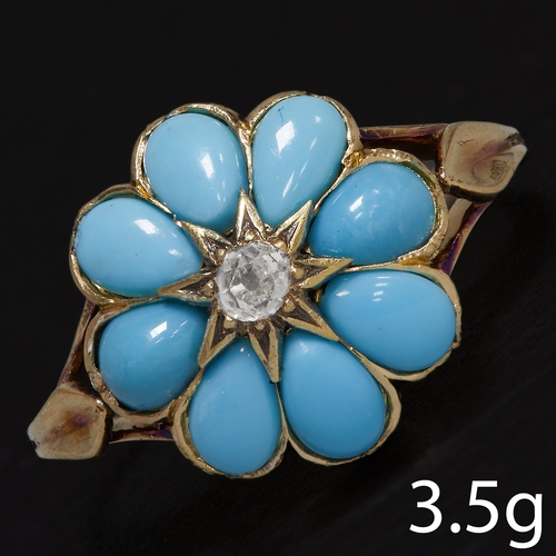 11 - ANTIQUE TURQUOISE AND DIAMOND RING.
3.5 grams, High carat gold.
Turquoise well matched.
Bright and l... 