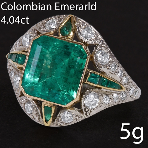 13 - A BEAUTIFUL ART-DECO  4.04 CT. COLOMBIAN EMERALD AND DIAMOND CLUSTER RING.
5 grams, testing 18 ct. g... 