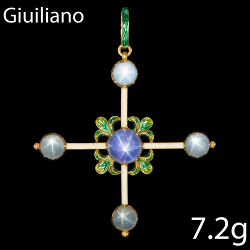 14 - CARLO & ARTHUR GIULIANO, STAR SAPPHIRE AND ENAMEL PENDANT,
7.2 grams. High carat gold.
Larger purpel... 