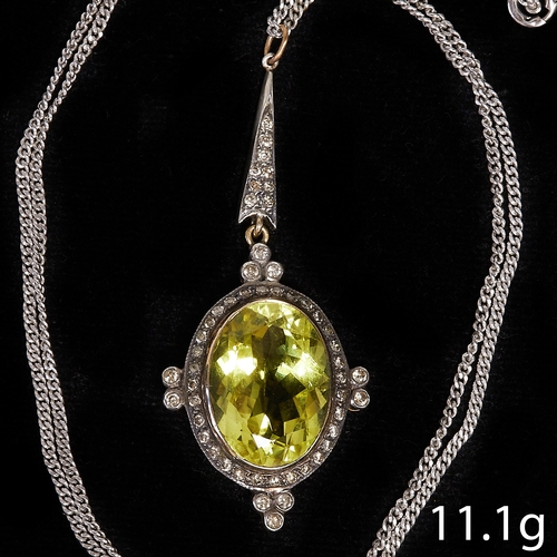 15 - ANTIQUE DIAMOND PENDANT AND GOLD CHAIN NECKLACE,
11.1 grams.
Vibrant yellow stone, possibly citrine?... 