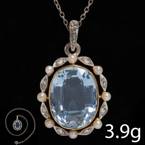 19 - BELLE EPOQUE AQUAMARINE DIAMOND AND PEARL PENDANT WITH CHAIN NECKLACE,
3.9 grams, High carat gold.
V... 