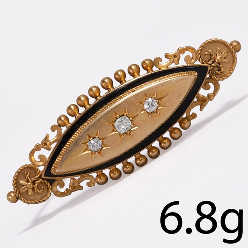 197 - VICTORIAN DIAMOND AND ENAMEL BROOCH,
6.8 grams, 15 ct. gold.
Diamonds bright and lively.
Enamel in g... 