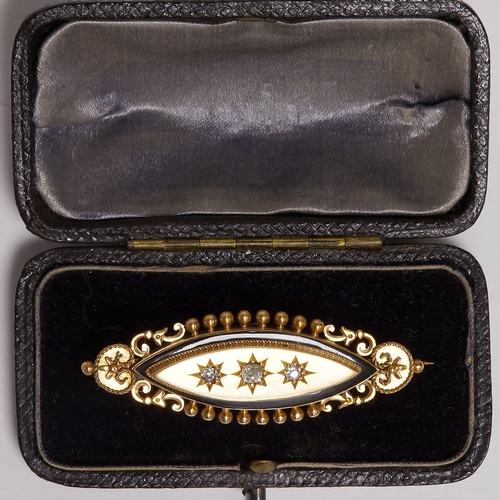 197 - VICTORIAN DIAMOND AND ENAMEL BROOCH,
6.8 grams, 15 ct. gold.
Diamonds bright and lively.
Enamel in g... 