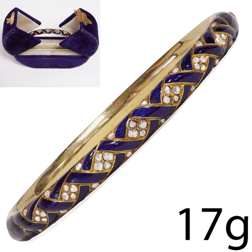 202 - VICTORIAN DIAMOND AND ENAMEL HINGED BANGLE,
High carat gold.
Fine rich blue enamel in good condition... 