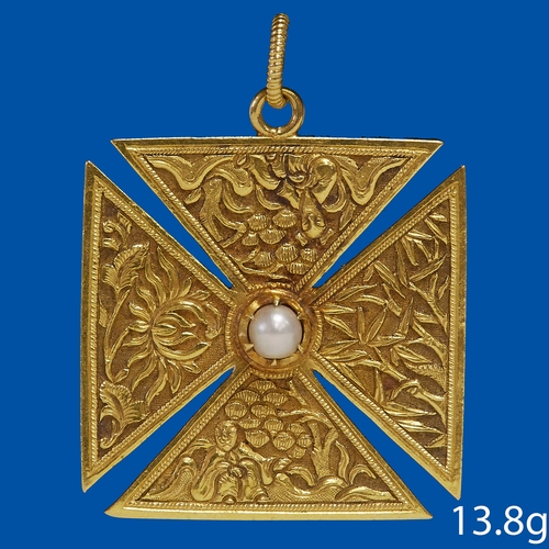 206 - Lane Crawford & Co, RARE VICTORIAN PEARL MALTESE CROSS PENDANT,
High carat gold.
Fine relief decorat... 