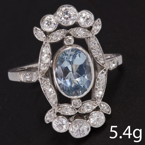 207 - AQUAMARINE AND DIAMOND RING,
5.4 grams, testing platinum.
Vibrant aquamarine.
Diamonds bright and li... 