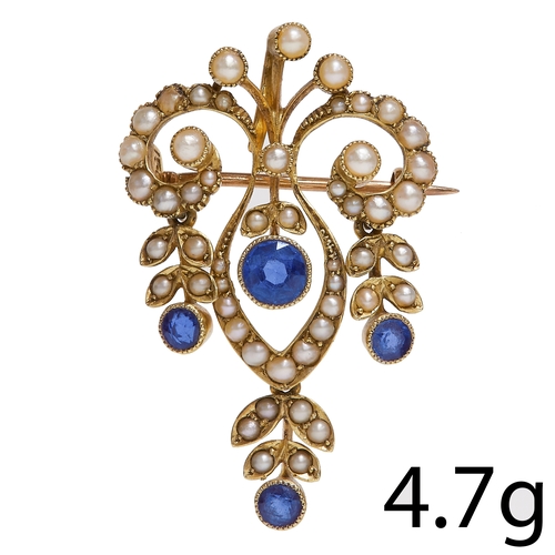 209 - ANTIQUE SAPPHIRE AND PEARL BROOCH/PENDANT,
4.7 grams, testing 15 ct. gold.
Vibrant sapphires.
L. 3.5... 