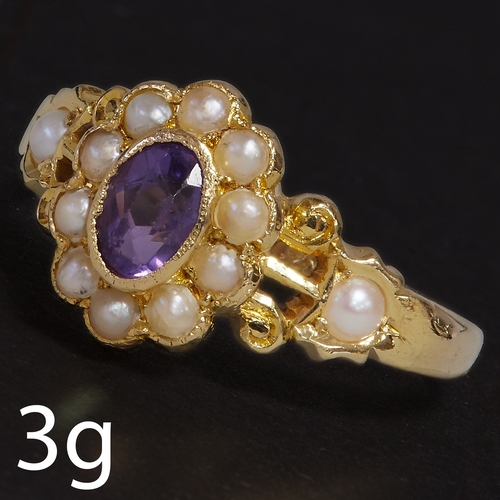 21 - AMETHYST AND PEARL CLUSTER RING,
3 grams, 18 ct. gold.
Vibrant amethyst.
Pearls generally well match... 